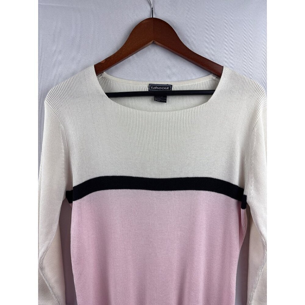 Takeout Womens Colorblock Sweater L 55% Acrylic 45% Cotton Ribbed Pink/White/Bla